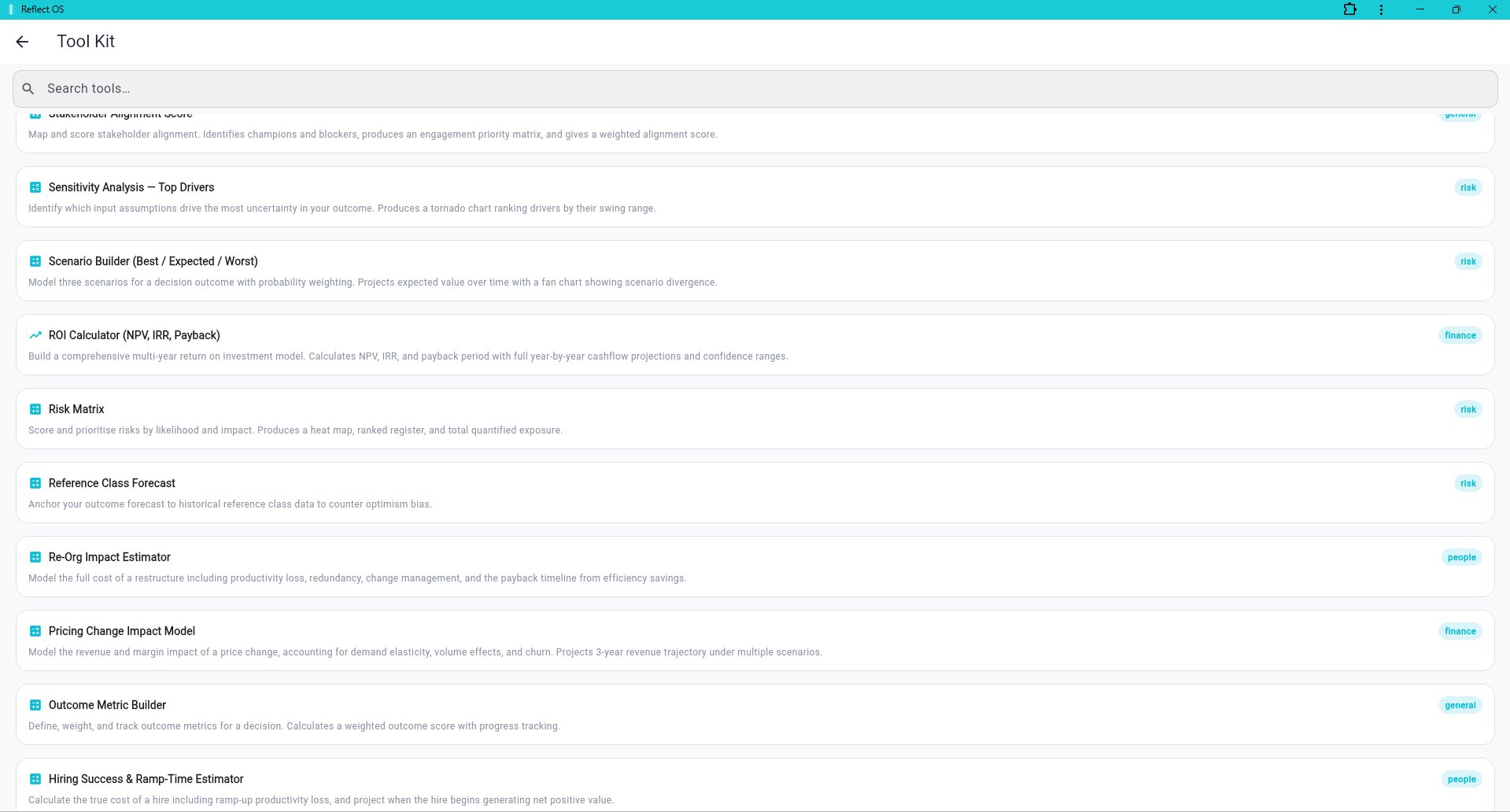 Reflect OS Tool Kit — scenario builder, ROI calculator, risk matrix and more